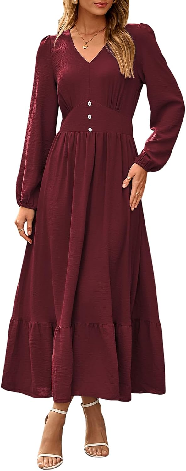 Dokotoo Womens Maxi Dresses Casual V Neck Elegant Flowy Tiered Dress | Long Lantern Sleeve,Ruffle Long Dress,High Waist,Fall Wedding Guest Dresses,Vintage,Beach Vacation Outifits,Cocktail Party