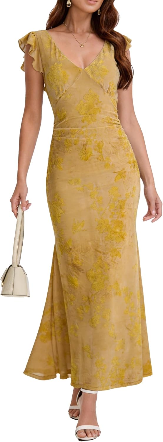 Women's Sleeveless V Neck Wedding Guest Dress Bodycon Floral Mesh Ruched Cocktail Mermaid Maxi Dresses Elegant Party Petite