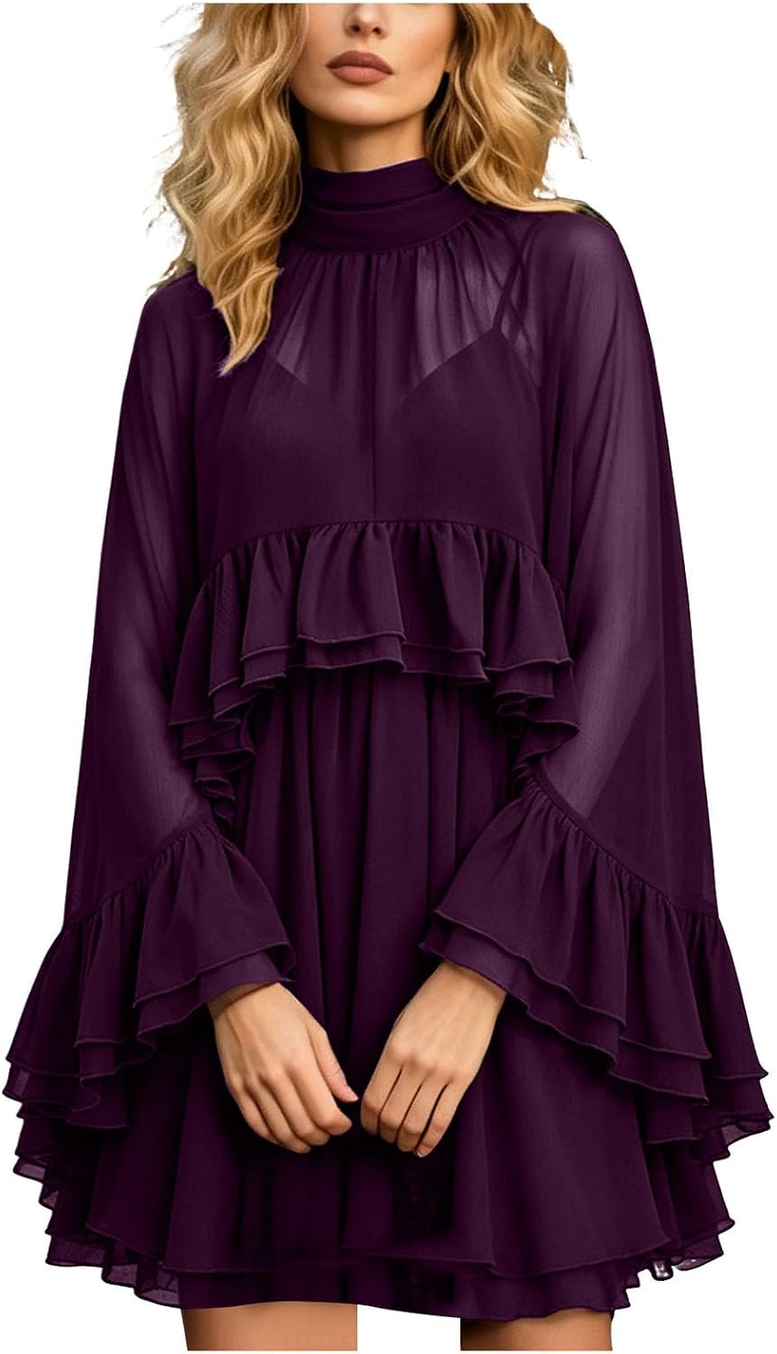 Chiffon Cape Dress for Women Sheer Ruffle Cape Sleeve Chiffon Wrap Cami Dress with Shawl Draped Dresses with Sheer Overlay