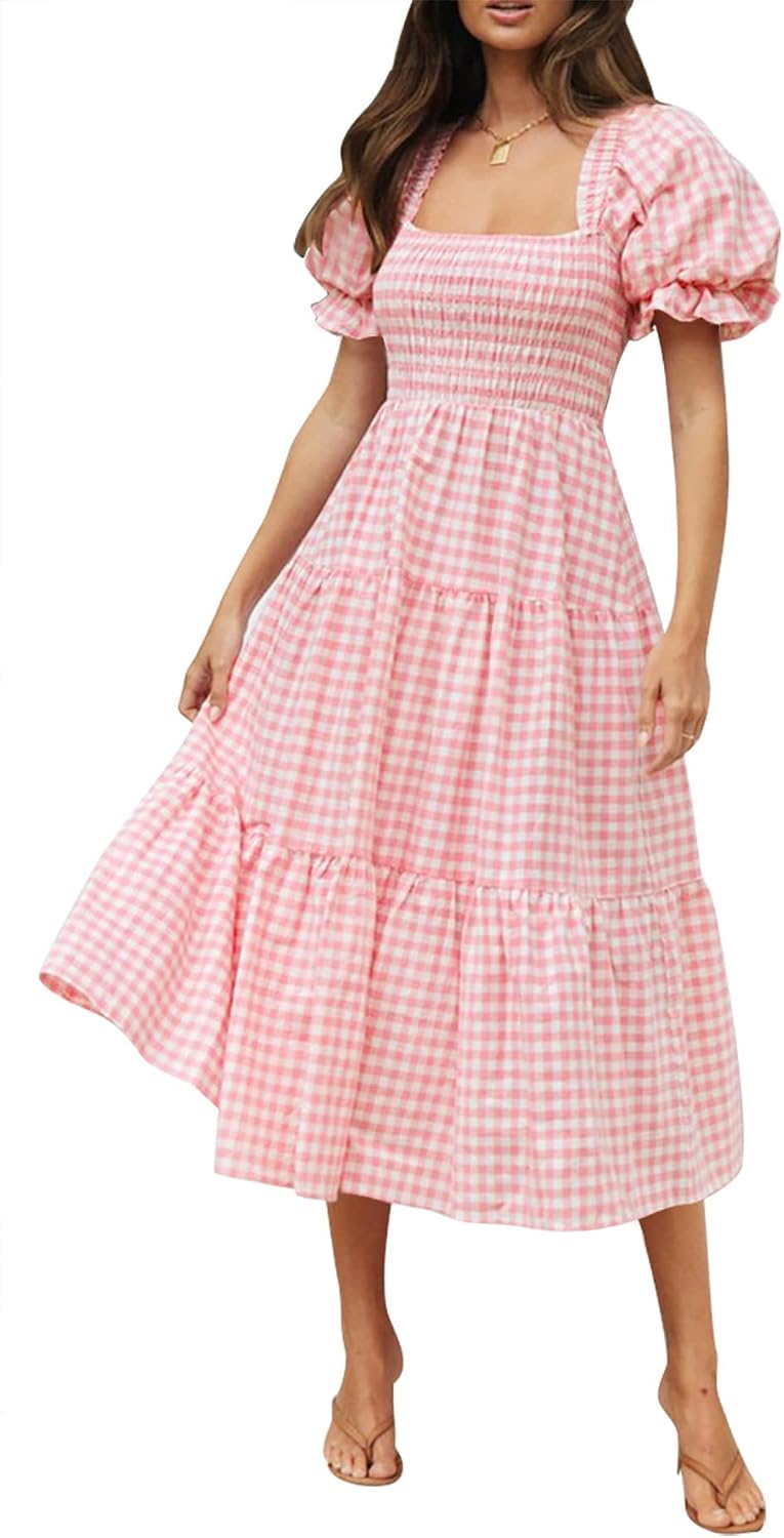 ZESICA Women's Summer Boho Gingham Puff Sleeve Square Neck Beach Midi Dress | 2026 Casual Bohemian Flowy, Swing A Line, Vintage, Baby Shower Cottagecore Maternity Plaid Tea Party Dresses