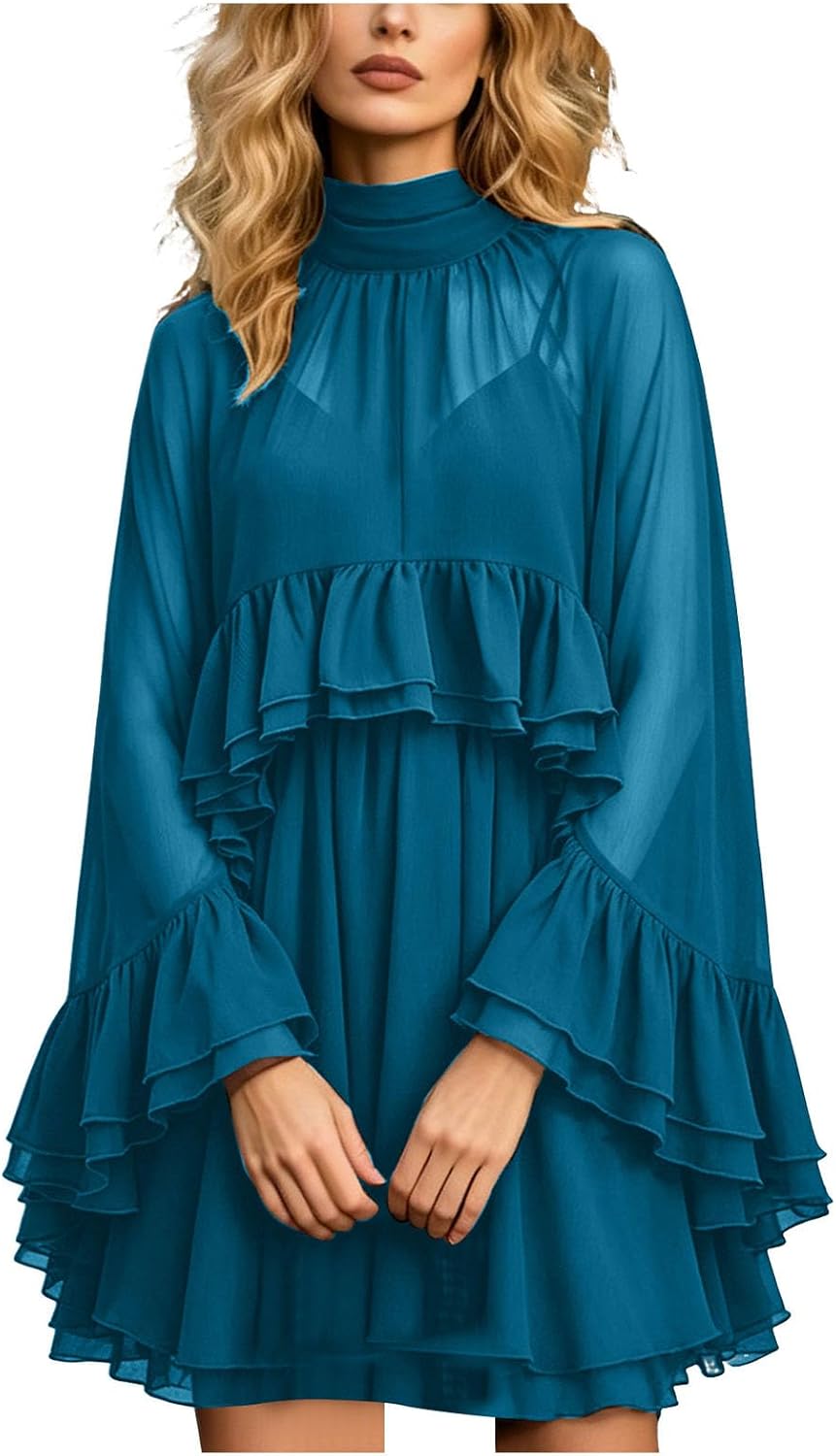 Chiffon Cape Dress for Women Sheer Ruffle Cape Sleeve Chiffon Wrap Cami Dress with Shawl Draped Dresses with Sheer Overlay