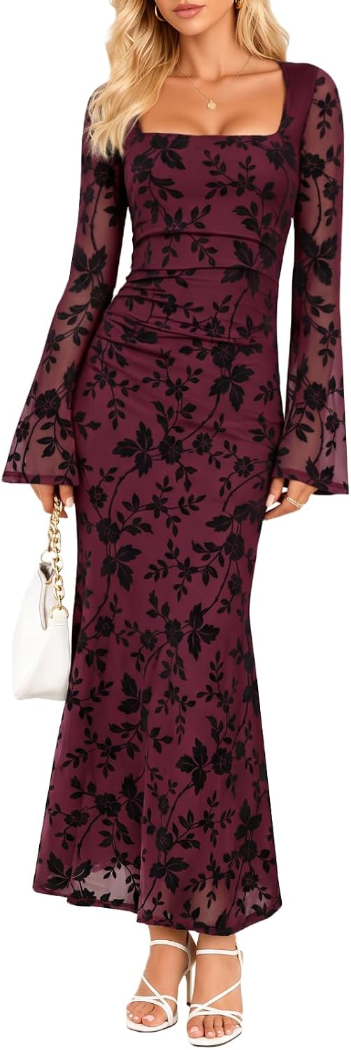 Pagfxmn Women's Floral Bodycon Maxi Dress Square Neck Bell Long Sleeve Mesh Elegant Wedding Guest Cocktail Party Dresses