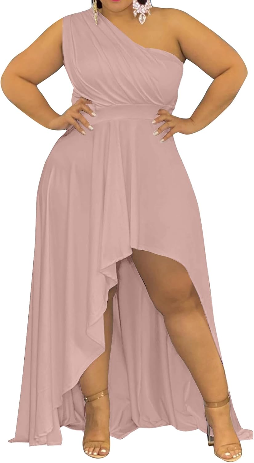 Ekaliy Women's Plus Size One Shoulder Irregular Maxi Cocktail Dress | Soft stretch fabric,sleeveless one shoulder high waist dress,curved thigh slit,asymmetrical hem for cocktail party wear.