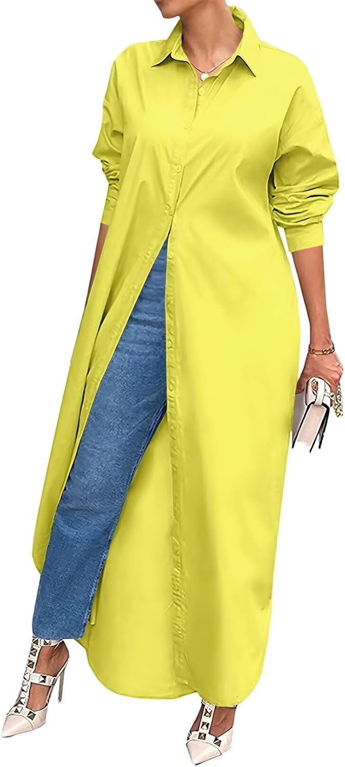 Shirt Dresses for Women Casual Long Sleeve Cotton Button Down Maxi Dresses | Oversized,Solid Color,Loose Fit,Plus Size,Long Shirts,Button Down Dress