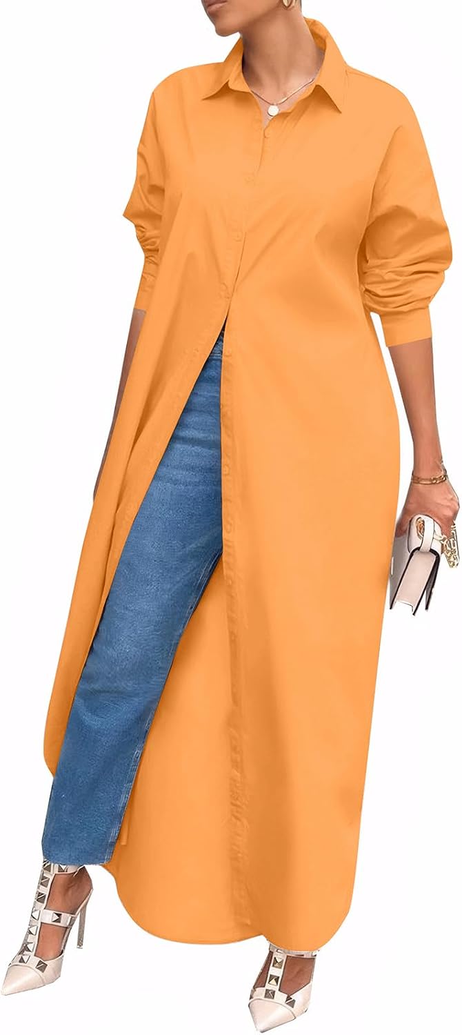 Shirt Dresses for Women Casual Long Sleeve Cotton Button Down Maxi Dresses | Oversized,Solid Color,Loose Fit,Plus Size,Long Shirts,Button Down Dress