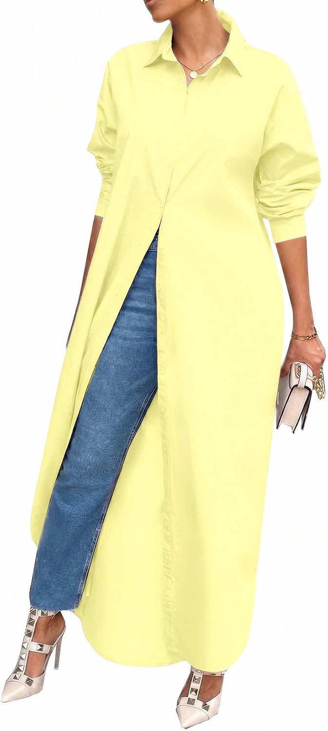 Shirt Dresses for Women Casual Long Sleeve Cotton Button Down Maxi Dresses | Oversized,Solid Color,Loose Fit,Plus Size,Long Shirts,Button Down Dress
