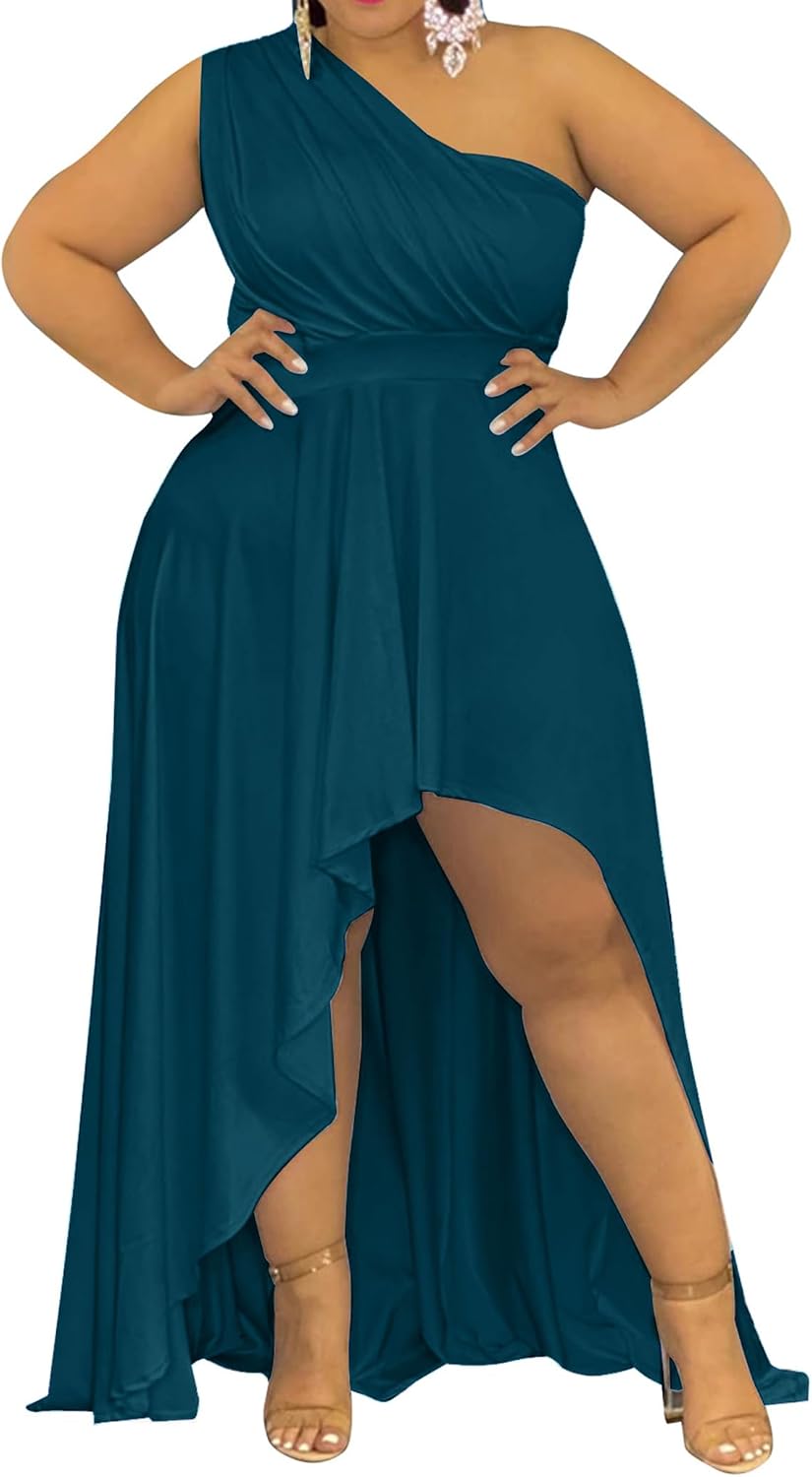 Ekaliy Women's Plus Size One Shoulder Irregular Maxi Cocktail Dress | Soft stretch fabric,sleeveless one shoulder high waist dress,curved thigh slit,asymmetrical hem for cocktail party wear.
