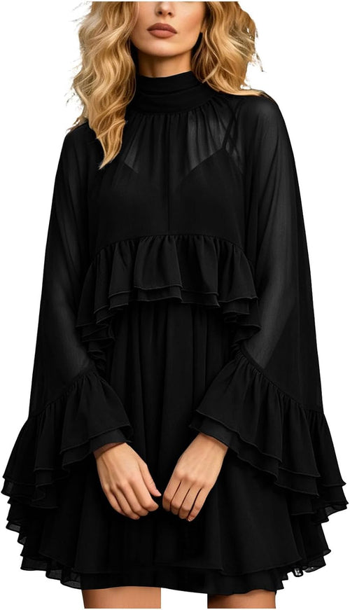 Chiffon Cape Dress for Women Sheer Ruffle Cape Sleeve Chiffon Wrap Cami Dress with Shawl Draped Dresses with Sheer Overlay