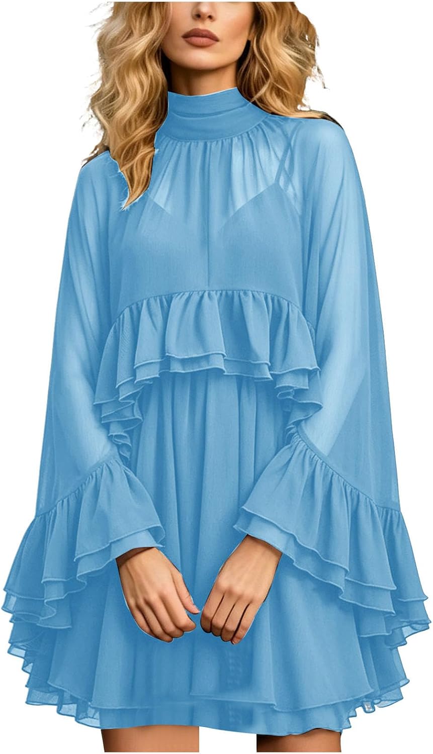 Chiffon Cape Dress for Women Sheer Ruffle Cape Sleeve Chiffon Wrap Cami Dress with Shawl Draped Dresses with Sheer Overlay