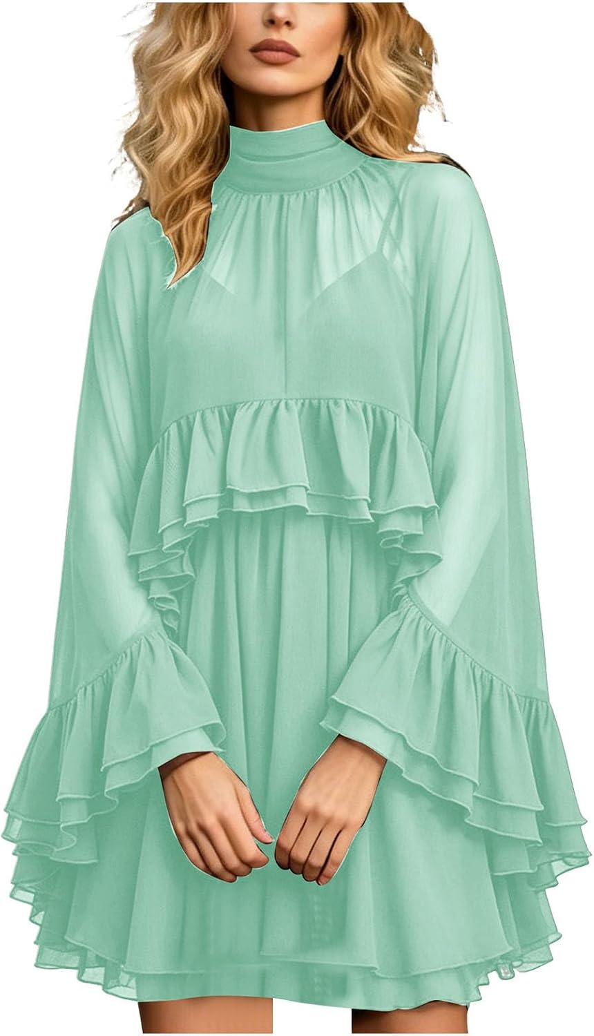 Chiffon Cape Dress for Women Sheer Ruffle Cape Sleeve Chiffon Wrap Cami Dress with Shawl Draped Dresses with Sheer Overlay