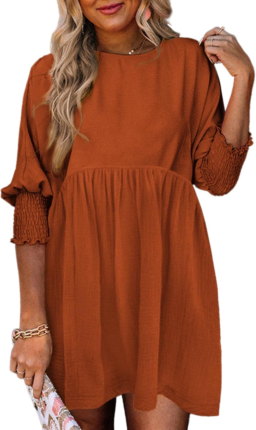 Dokotoo Womens Empire Waist 3\/4 Sleeve Casual Babydoll Mini Dress | Knee Length, Country Western Short Dresses for Fall, Party Church Baby Shower Wedding Guest Office Work Teacher Outfits