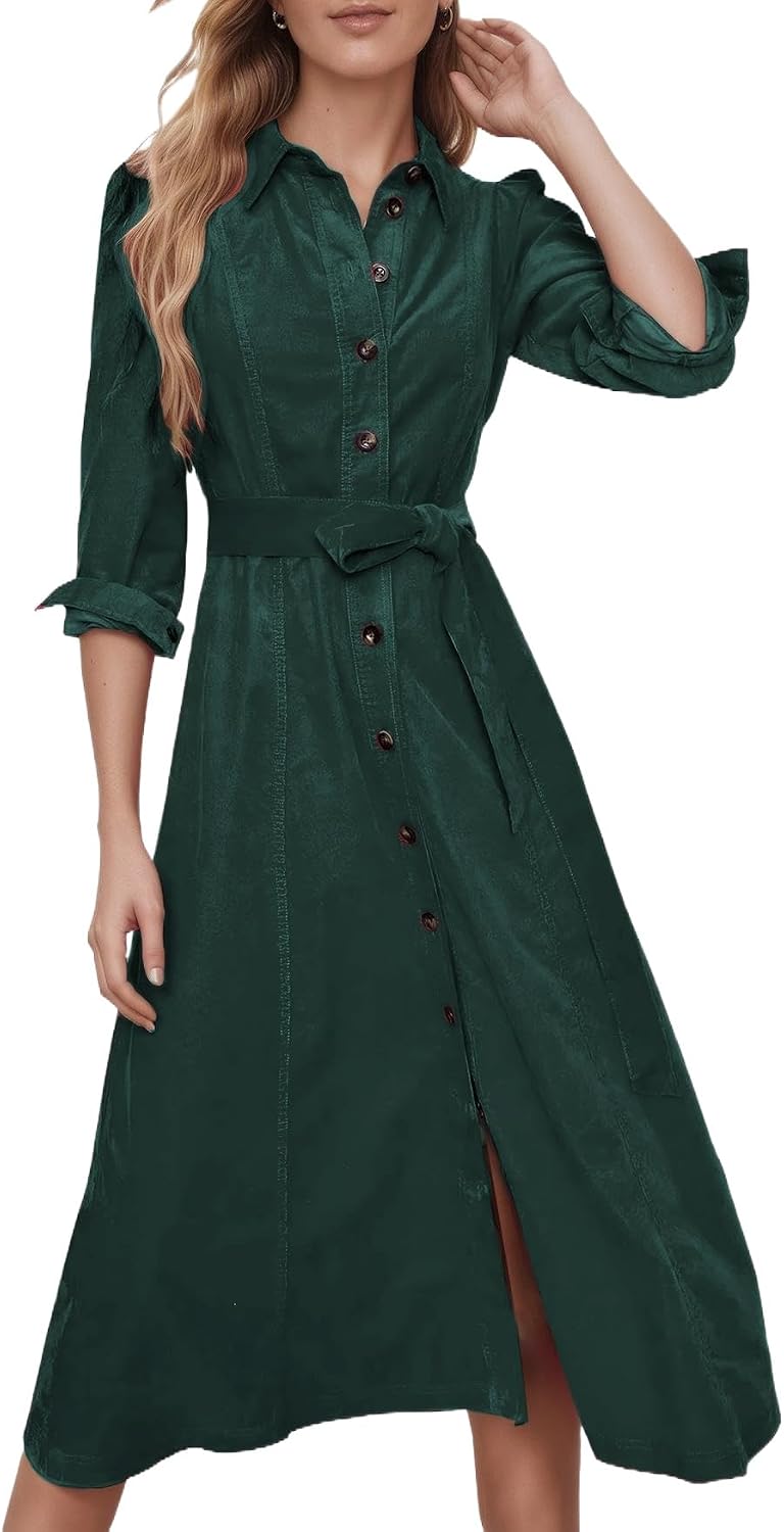 YEXPINE Women's Corduroy Maxi Dress Button Down Shirt Dress with Belt | Long Sleeve Collared V-Neck Maxi Dresses with Pockets, 2026 Fall Winter Dresses