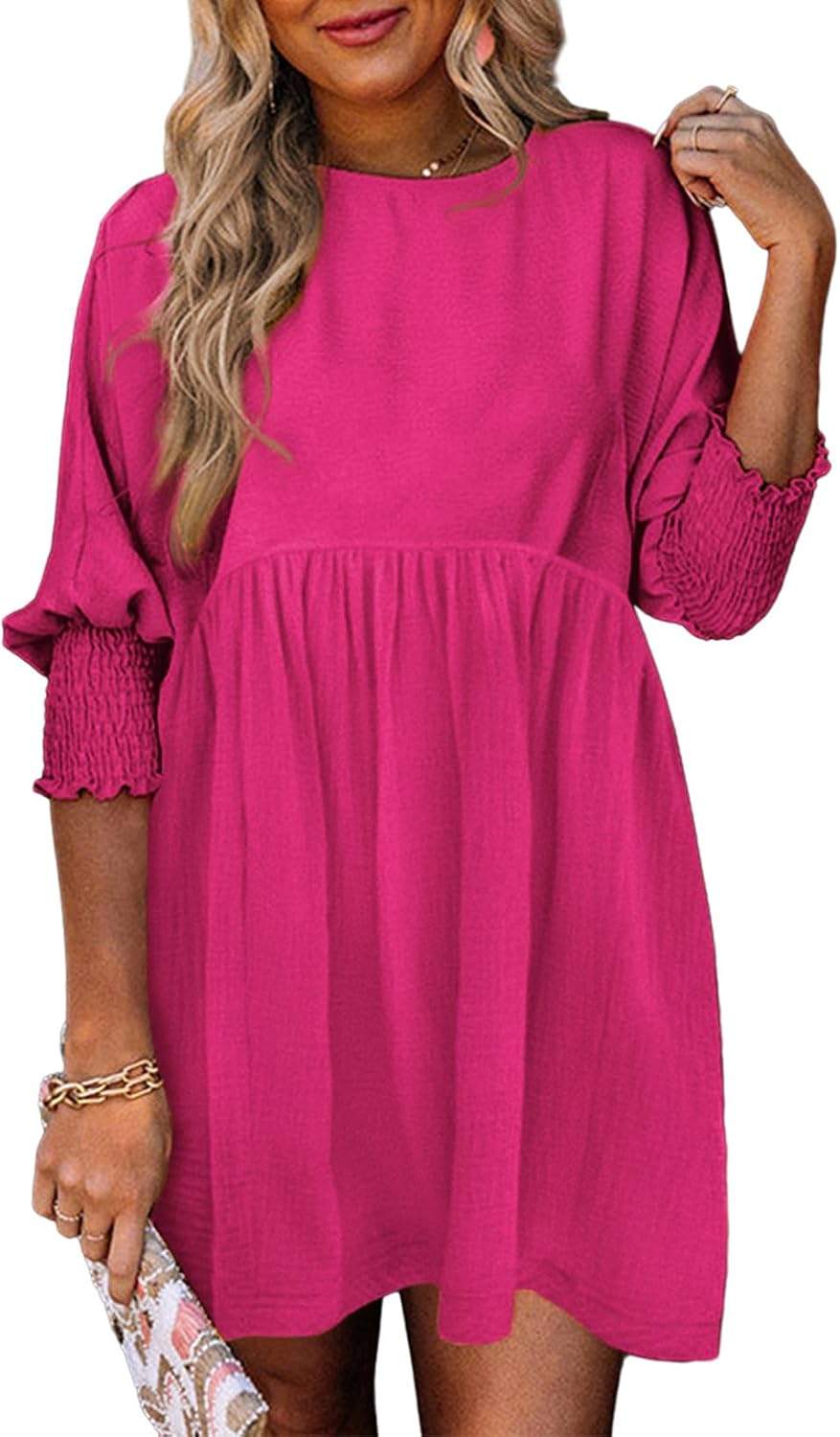 Dokotoo Womens Empire Waist 3\/4 Sleeve Casual Babydoll Mini Dress | Knee Length, Country Western Short Dresses for Fall, Party Church Baby Shower Wedding Guest Office Work Teacher Outfits