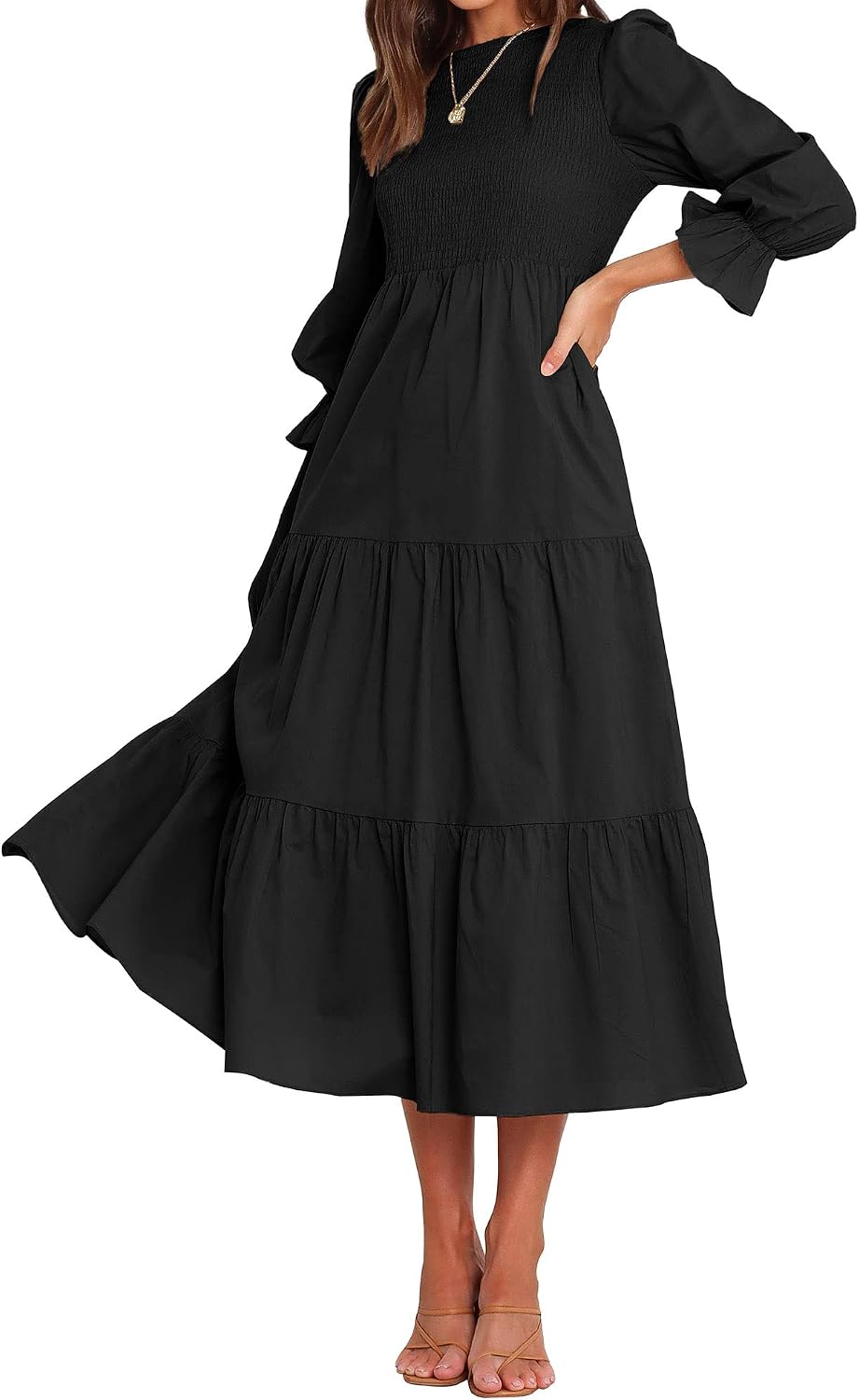 BTFBM Women Casual Long Sleeve Crew Neck Fall Dress Bohemian Relaxed Fit Floral Flowy Maxi Dresses Tiered Cocktail Dress