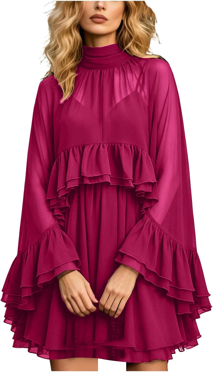 Chiffon Cape Dress for Women Sheer Ruffle Cape Sleeve Chiffon Wrap Cami Dress with Shawl Draped Dresses with Sheer Overlay