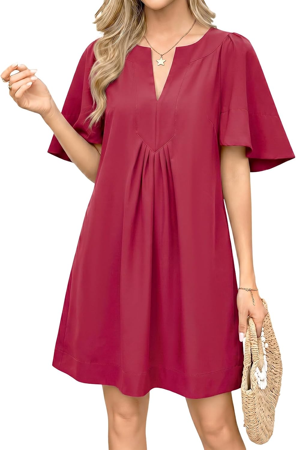 Wenrine Womens Shift Mini Dress Casual Short Sleeve Summer Dresses | Flutter Sleeve, V Neck, Loose Fit, Flowy, Short Beach dresses, Vacation