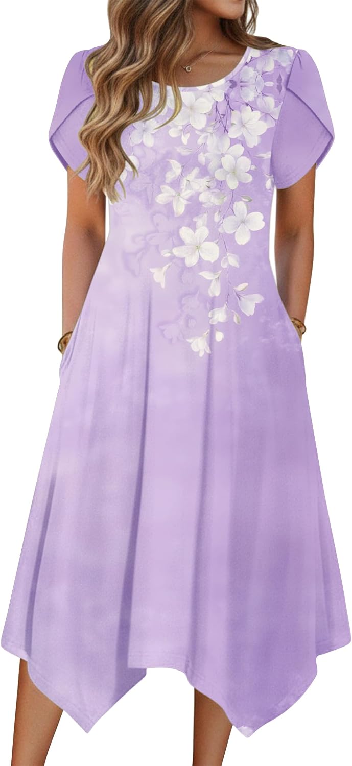 Zeagoo Womens Casual Dress for Summer Loose Hankerchief Flare Midi Sundress | Floral Print, Boho Style, Fall Wedding Guest Dress, A Line,Crew Neck, Side Pockets, Asymmetrical Hem, for Beach, Casual,Daily