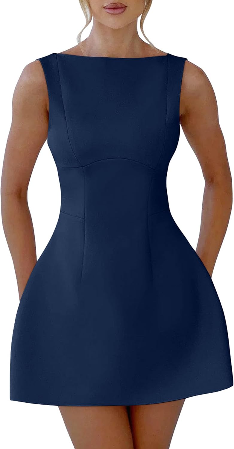 YMDUCH Women's Sexy Sleeveless Crew Neck A-line Party Mini Dress | Backless,Back Zipper,Short,Sexy,Club,Solid,Fitted,Elegant,Cocktail,Party,Comfy,Wedding Guest,Graduation,Date Night,Sexy
