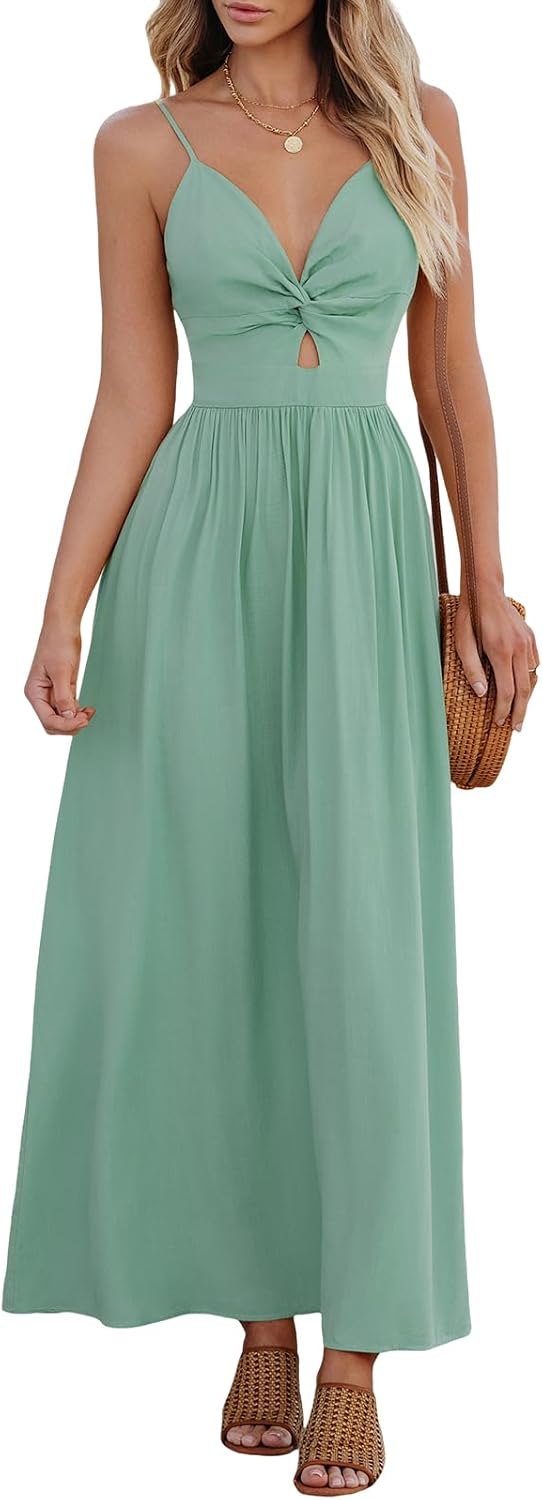 CUPSHE Women's V Neck Twisted Pleated Cutout Backless Formal Maxi Dress | Sleeveless, Self Tie Back, Adjustable Spaghetti Straps, Open Back, Casual Flowy Long Skirt, Summer Beach Resort Sundress