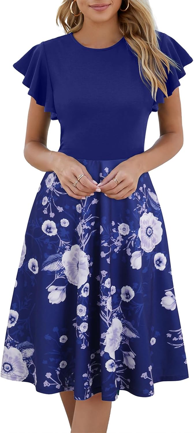 MSLG Women's Fit and Flare Ruffle Short Sleeves Dresses Work V-Back Cocktail Semi Formal A Line Dress with Pockets 842