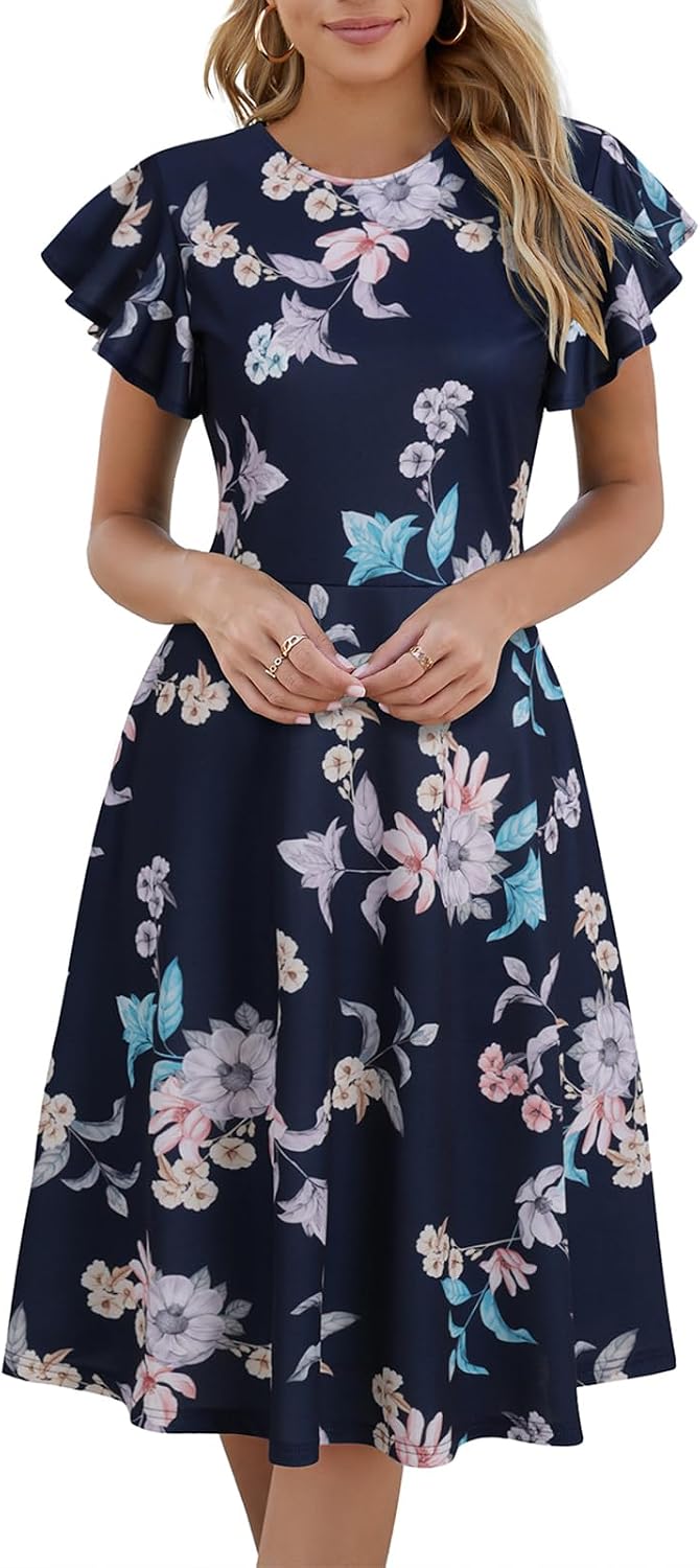 MSLG Women's Fit and Flare Ruffle Short Sleeves Dresses Work V-Back Cocktail Semi Formal A Line Dress with Pockets 842