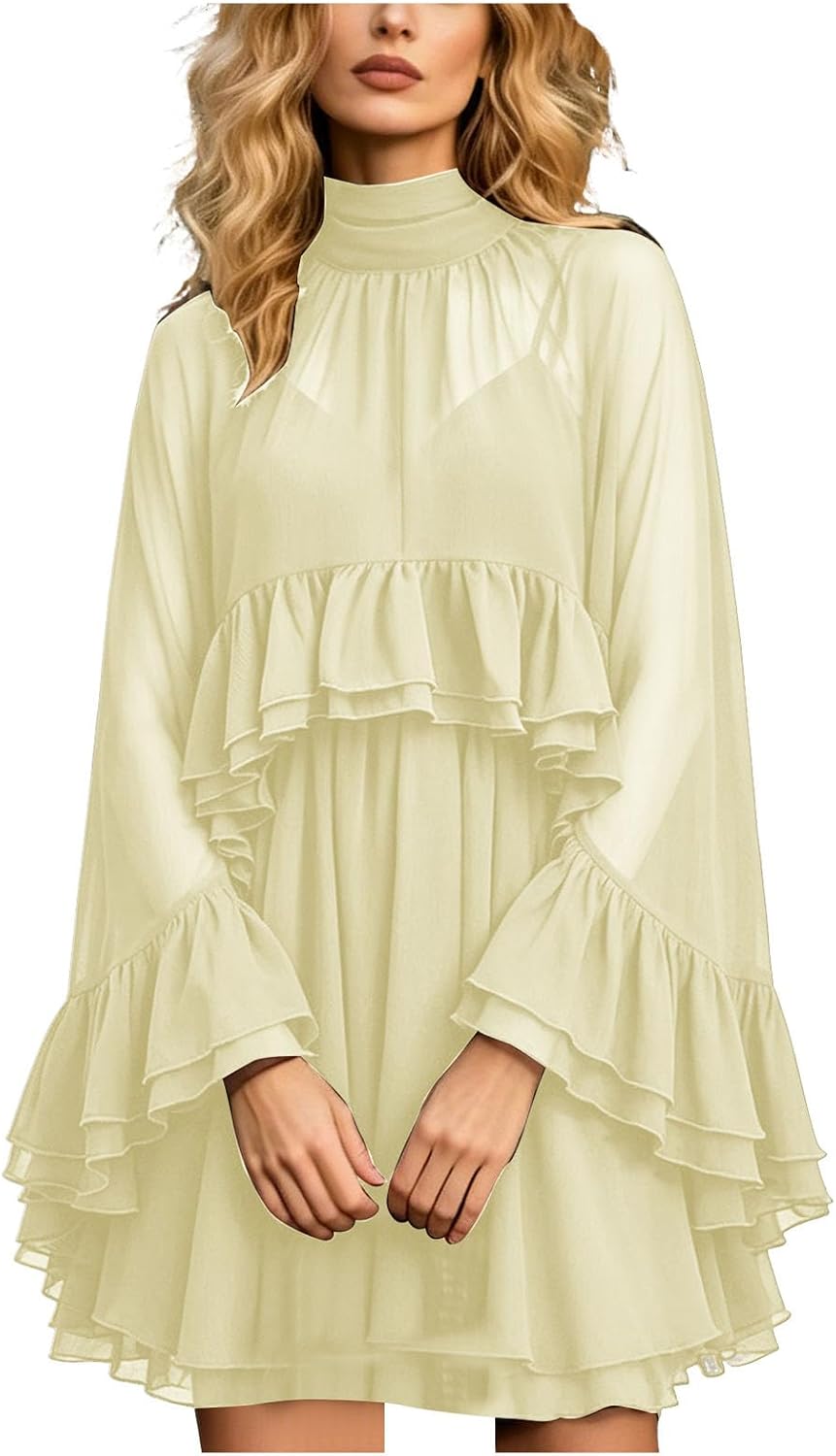 Chiffon Cape Dress for Women Sheer Ruffle Cape Sleeve Chiffon Wrap Cami Dress with Shawl Draped Dresses with Sheer Overlay