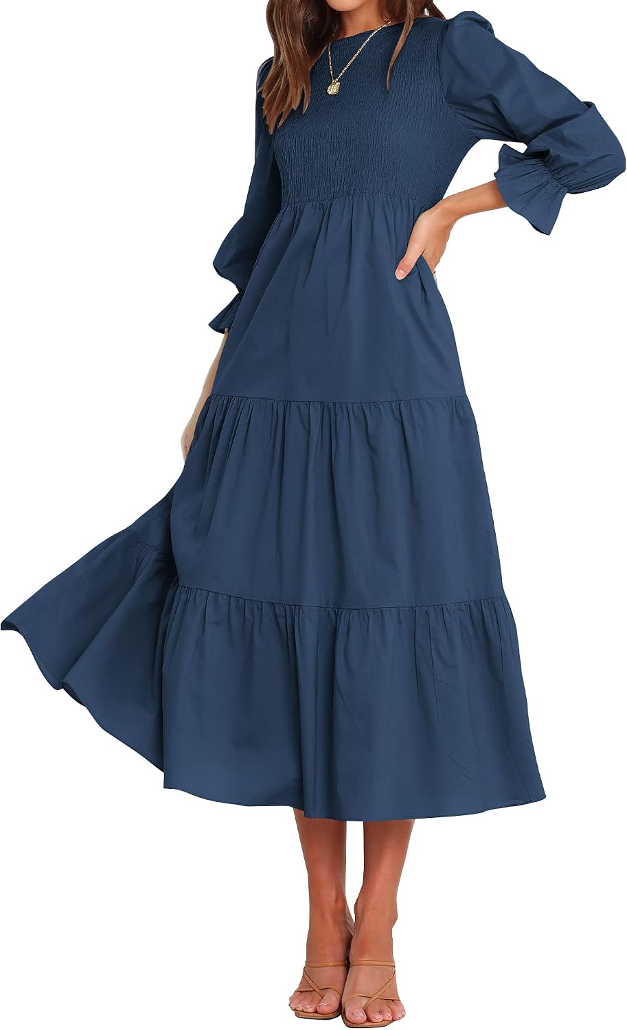 BTFBM Women Casual Long Sleeve Crew Neck Fall Dress Bohemian Relaxed Fit Floral Flowy Maxi Dresses Tiered Cocktail Dress