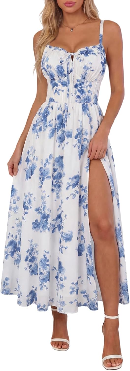 Scarlet Darkness Wedding Guest Dresses for Women Floral Corset Sundress | V Neck, Slit, with Pockets, for Summer, Tea Party, Graduation, Casual