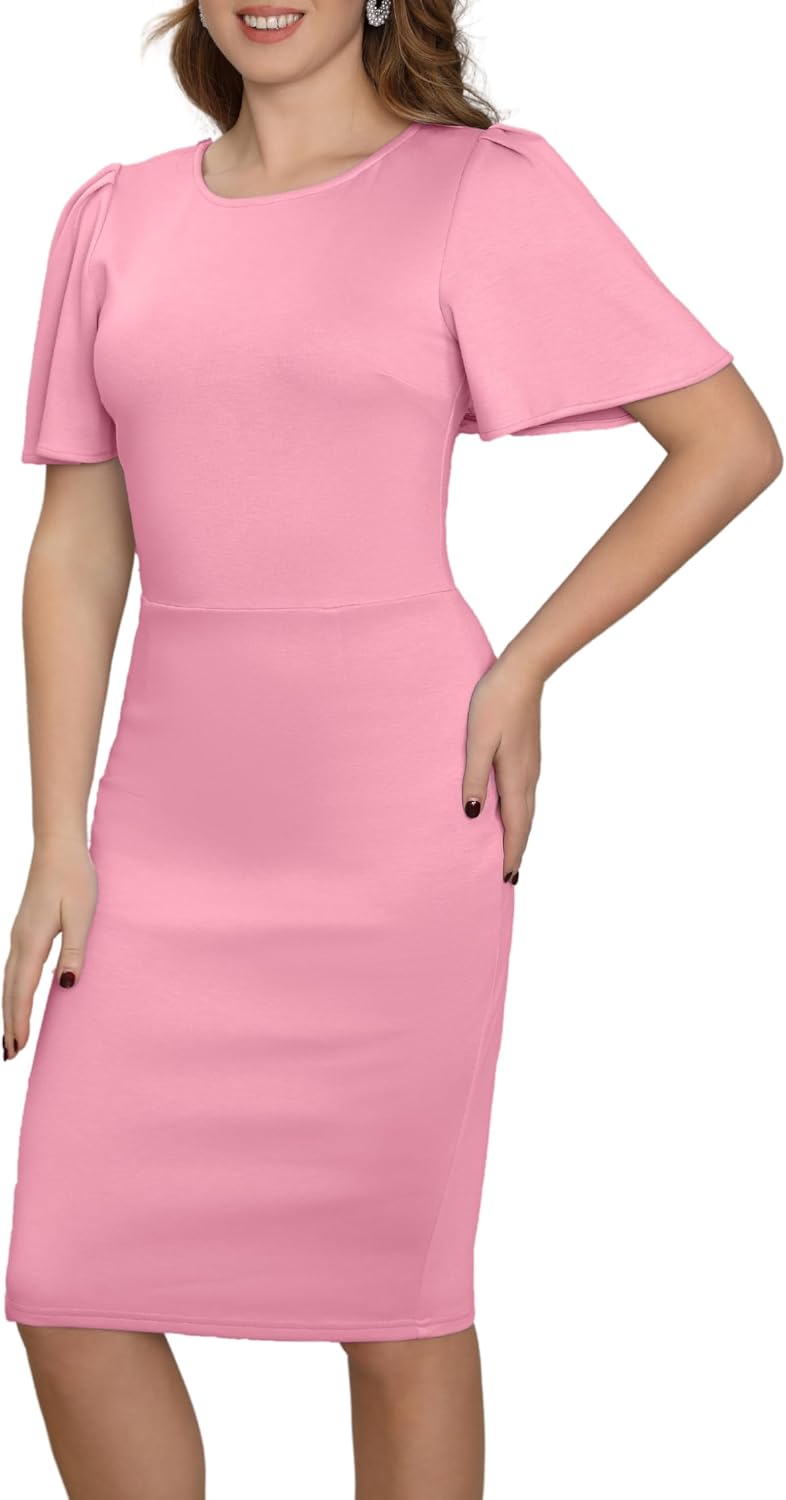 Aphratti Women's Work Sheath Midi Dress Short Sleeve Elegant Classy Modest Cocktail Party Dress