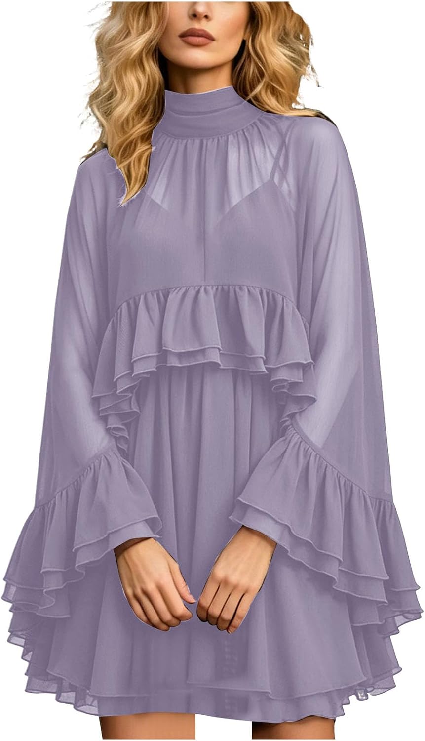 Chiffon Cape Dress for Women Sheer Ruffle Cape Sleeve Chiffon Wrap Cami Dress with Shawl Draped Dresses with Sheer Overlay
