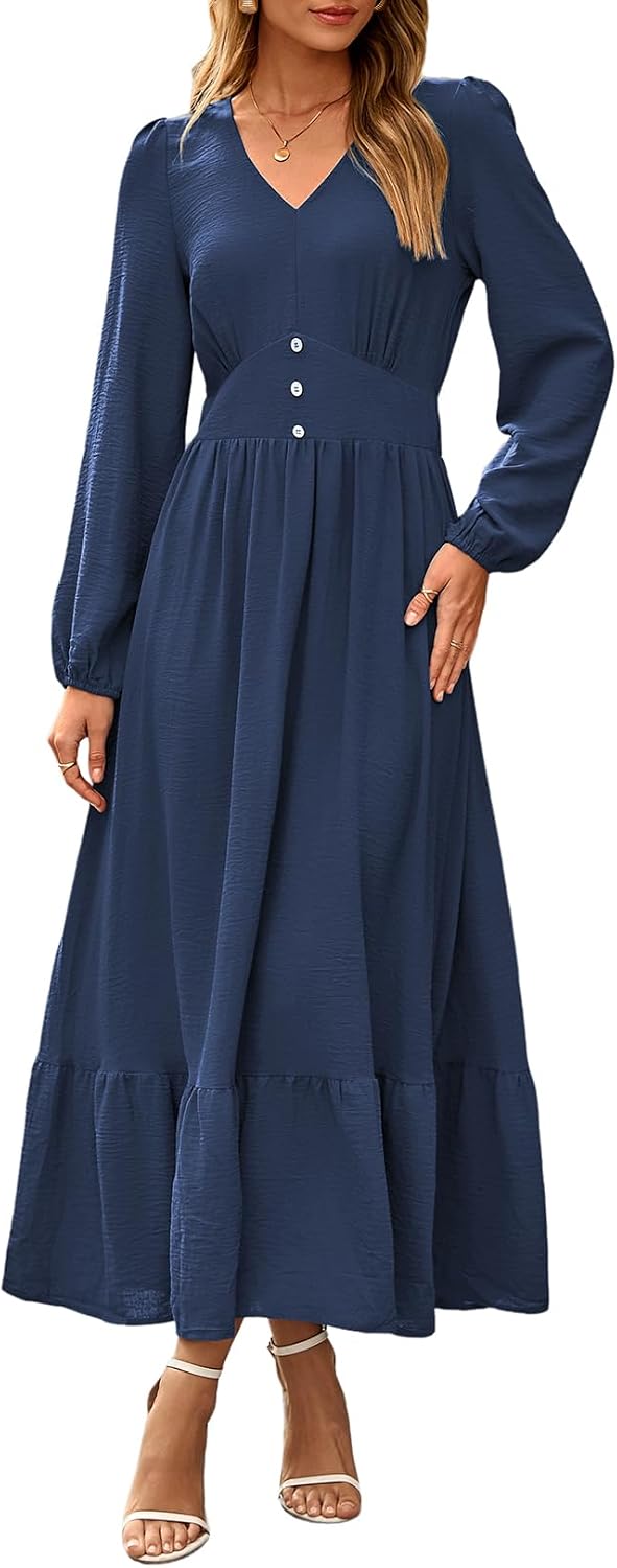 Dokotoo Womens Maxi Dresses Casual V Neck Elegant Flowy Tiered Dress | Long Lantern Sleeve,Ruffle Long Dress,High Waist,Fall Wedding Guest Dresses,Vintage,Beach Vacation Outifits,Cocktail Party
