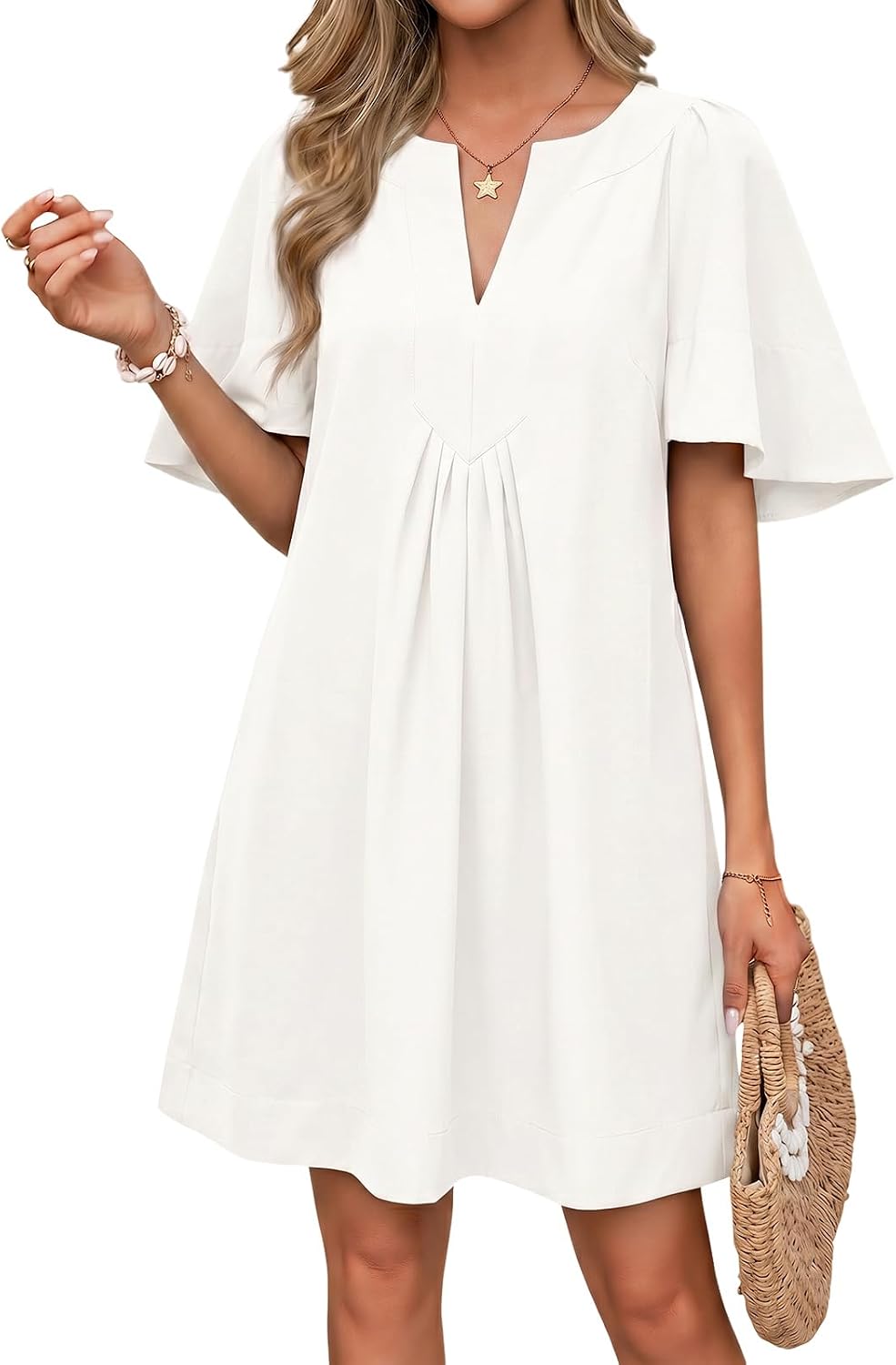 Wenrine Womens Shift Mini Dress Casual Short Sleeve Summer Dresses | Flutter Sleeve, V Neck, Loose Fit, Flowy, Short Beach dresses, Vacation