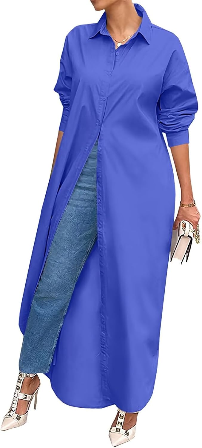 Shirt Dresses for Women Casual Long Sleeve Cotton Button Down Maxi Dresses | Oversized,Solid Color,Loose Fit,Plus Size,Long Shirts,Button Down Dress