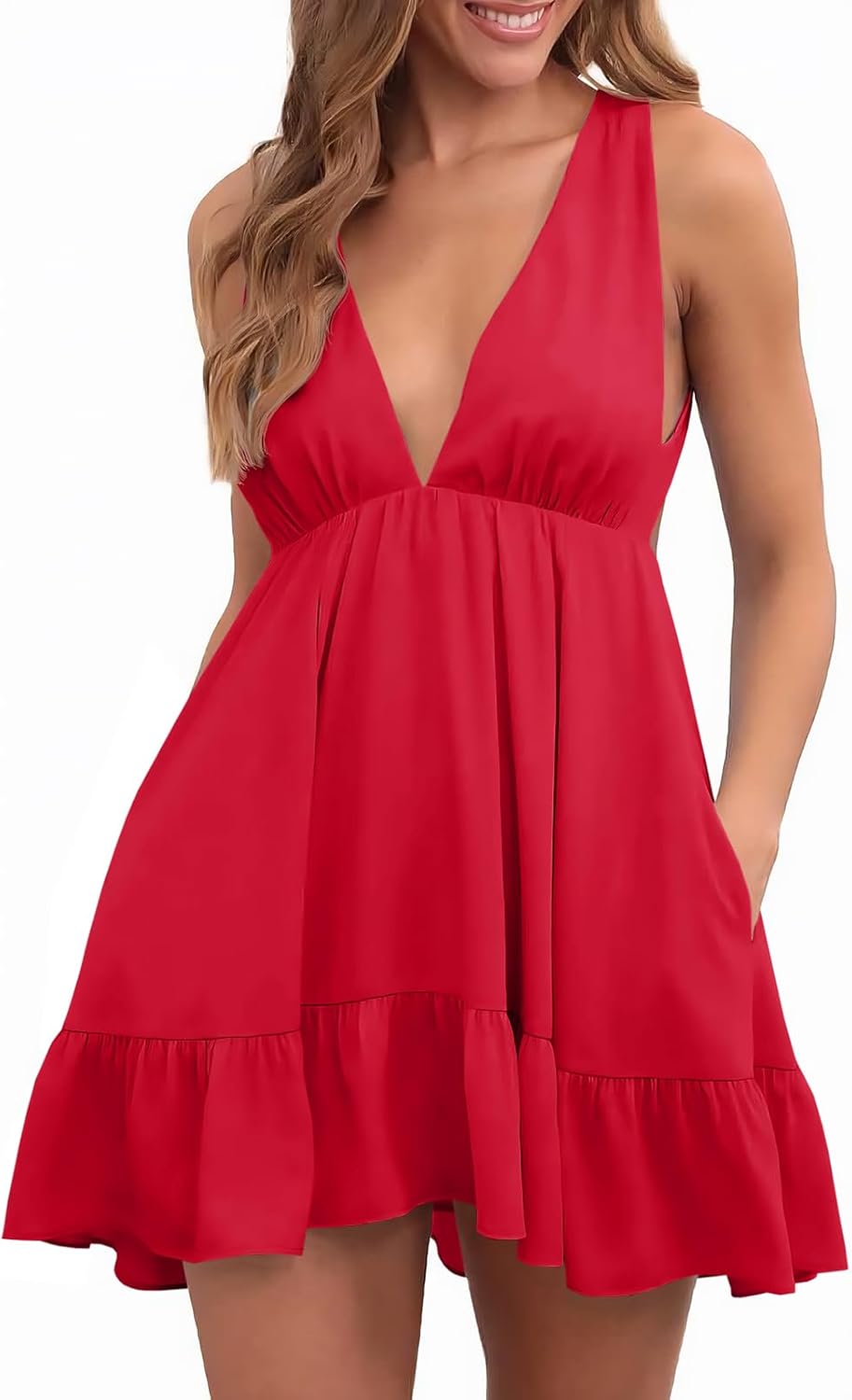 Womens Summer Mini Dress Deep V-Neck Ruffle Flowy Backless Short Dresses | Strap, Loose, Solid, Sundress, Babydoll, Beach, Vacation, Country Concert, Dresses with Pockets