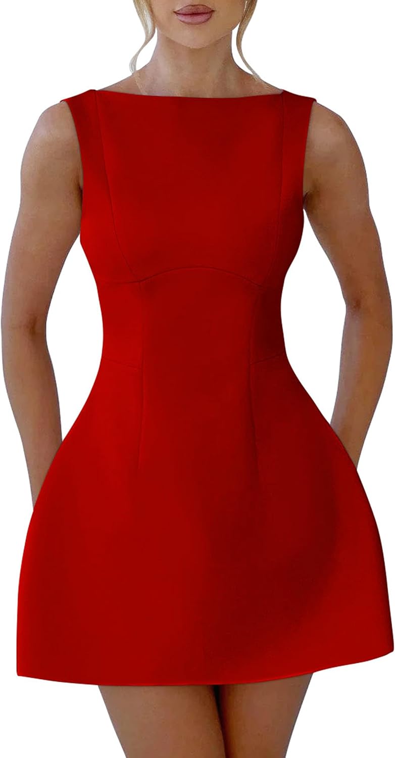 YMDUCH Women's Sexy Sleeveless Crew Neck A-line Party Mini Dress | Backless,Back Zipper,Short,Sexy,Club,Solid,Fitted,Elegant,Cocktail,Party,Comfy,Wedding Guest,Graduation,Date Night,Sexy