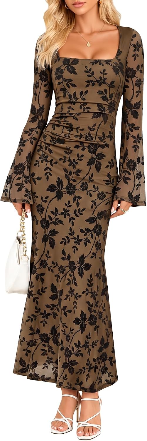 Pagfxmn Women's Floral Bodycon Maxi Dress Square Neck Bell Long Sleeve Mesh Elegant Wedding Guest Cocktail Party Dresses