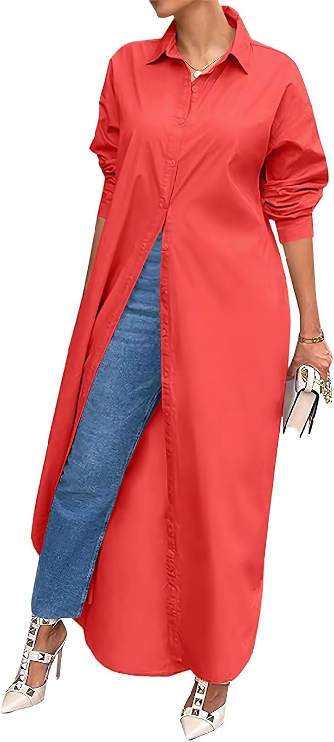 Shirt Dresses for Women Casual Long Sleeve Cotton Button Down Maxi Dresses | Oversized,Solid Color,Loose Fit,Plus Size,Long Shirts,Button Down Dress