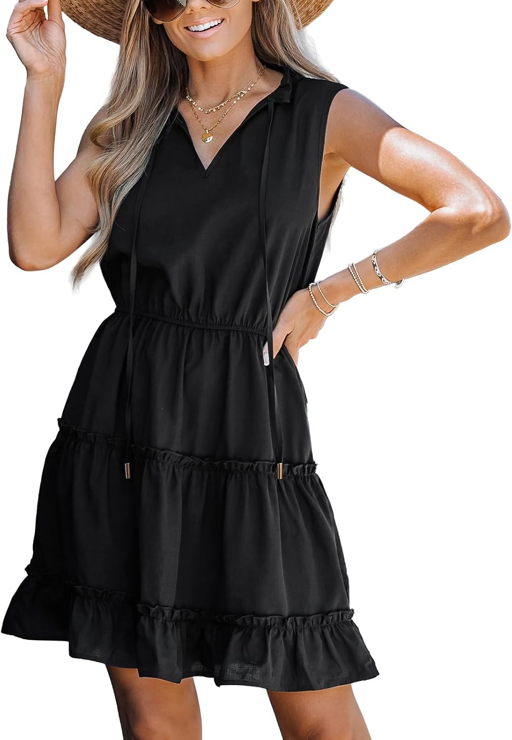 CUPSHE Women's Tie V-Neck Sleeveless Tiered Ruffle Mini Dress | Frill Trim Neck, Self Tie Knot, Elastic Waist, Flowy A-Line Tunic Short Dress, For Summer Beach Vacations, Casual Daily Wear