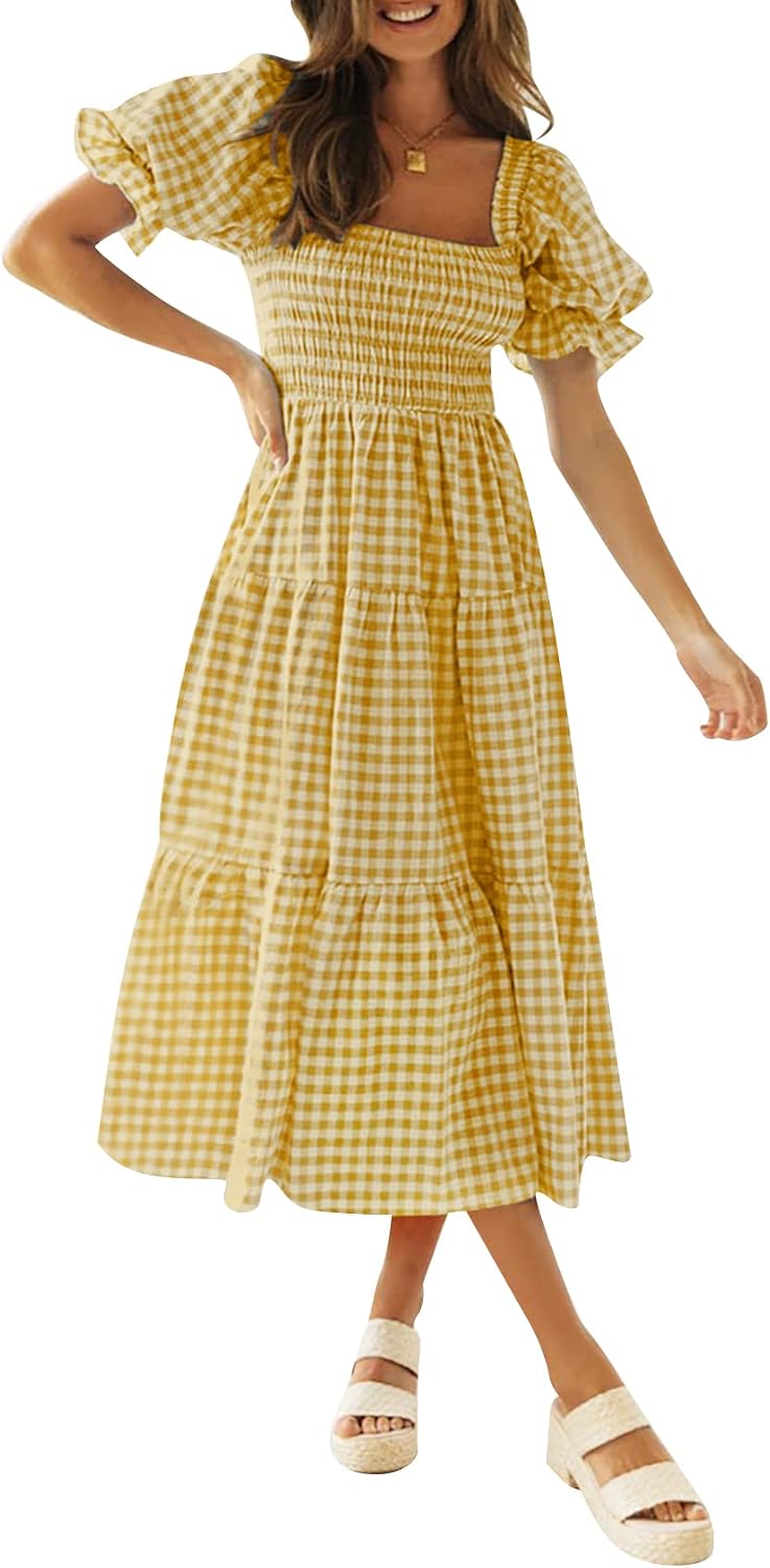 ZESICA Women's Summer Boho Gingham Puff Sleeve Square Neck Beach Midi Dress | 2026 Casual Bohemian Flowy, Swing A Line, Vintage, Baby Shower Cottagecore Maternity Plaid Tea Party Dresses