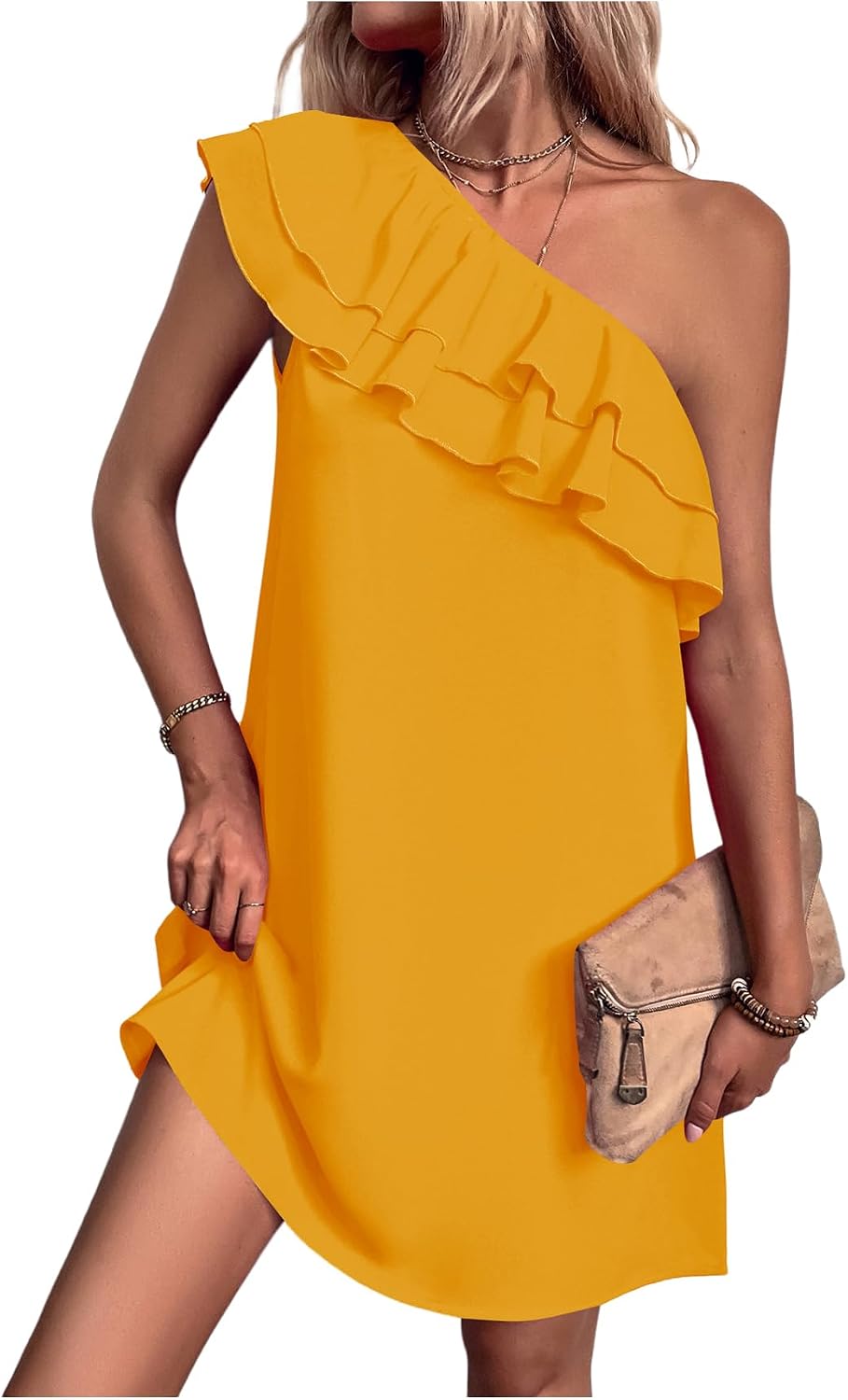 Floerns Women's One Shoulder Tiered Layered Sleeveless Ruffle Trim Tunic Dress