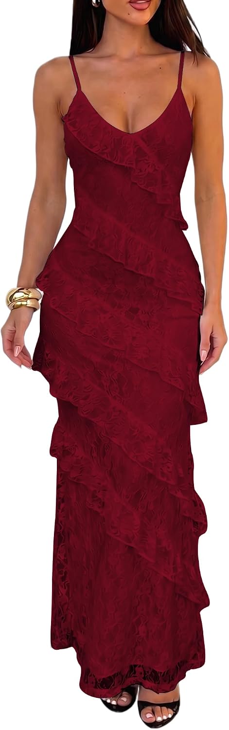 HOCILLE Women's Sexy V Neck Floral Wedding Guest Cocktail Maxi Dress | Sundress Lace Bodycon Spaghetti Strap Elegant Ruffle Party Long Dresses