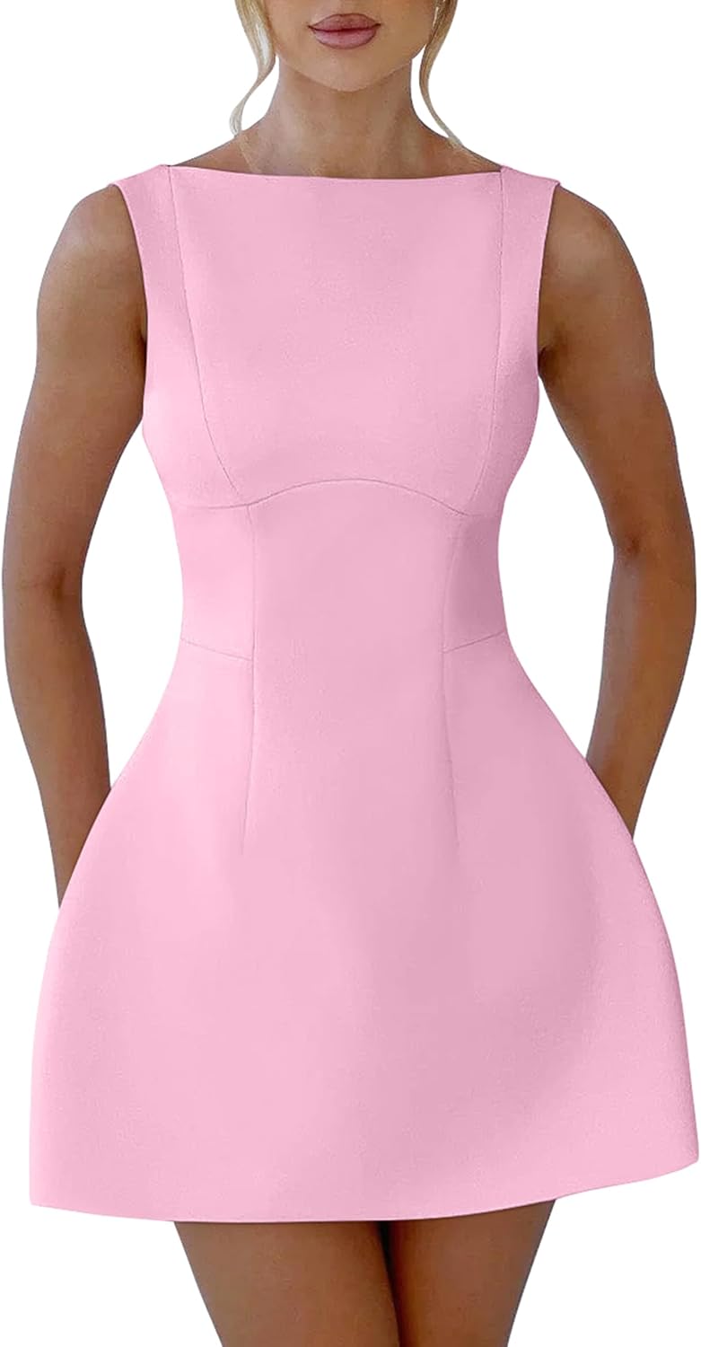 YMDUCH Women's Sexy Sleeveless Crew Neck A-line Party Mini Dress | Backless,Back Zipper,Short,Sexy,Club,Solid,Fitted,Elegant,Cocktail,Party,Comfy,Wedding Guest,Graduation,Date Night,Sexy