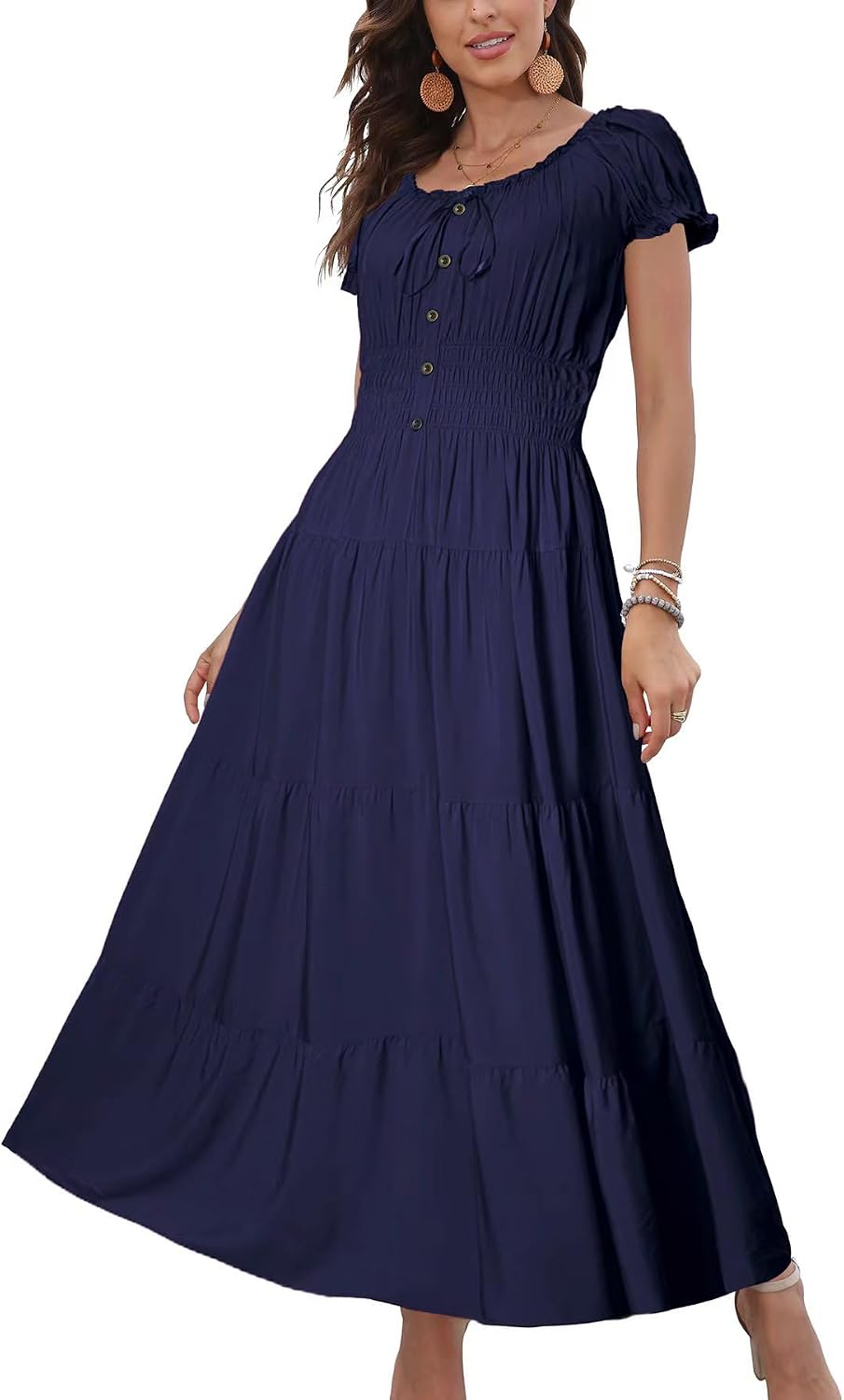OSTOO Women's 2026 Maxi Dress Short Sleeves Boho Floral Print Tiered Casual Flowy Summer Long Dress