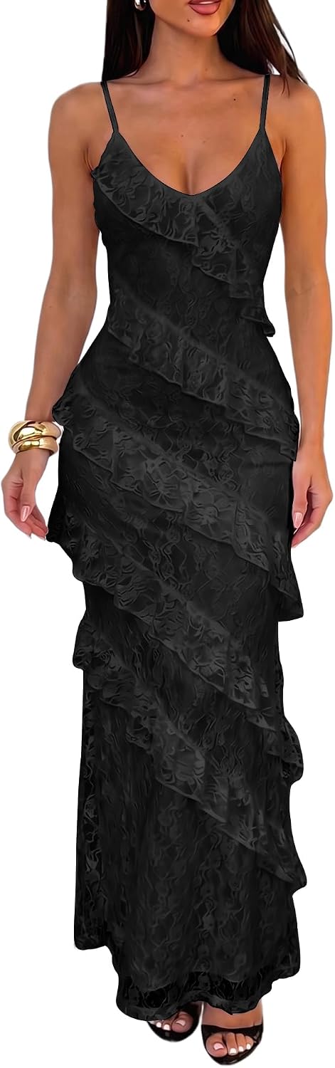 HOCILLE Women's Sexy V Neck Floral Wedding Guest Cocktail Maxi Dress | Sundress Lace Bodycon Spaghetti Strap Elegant Ruffle Party Long Dresses