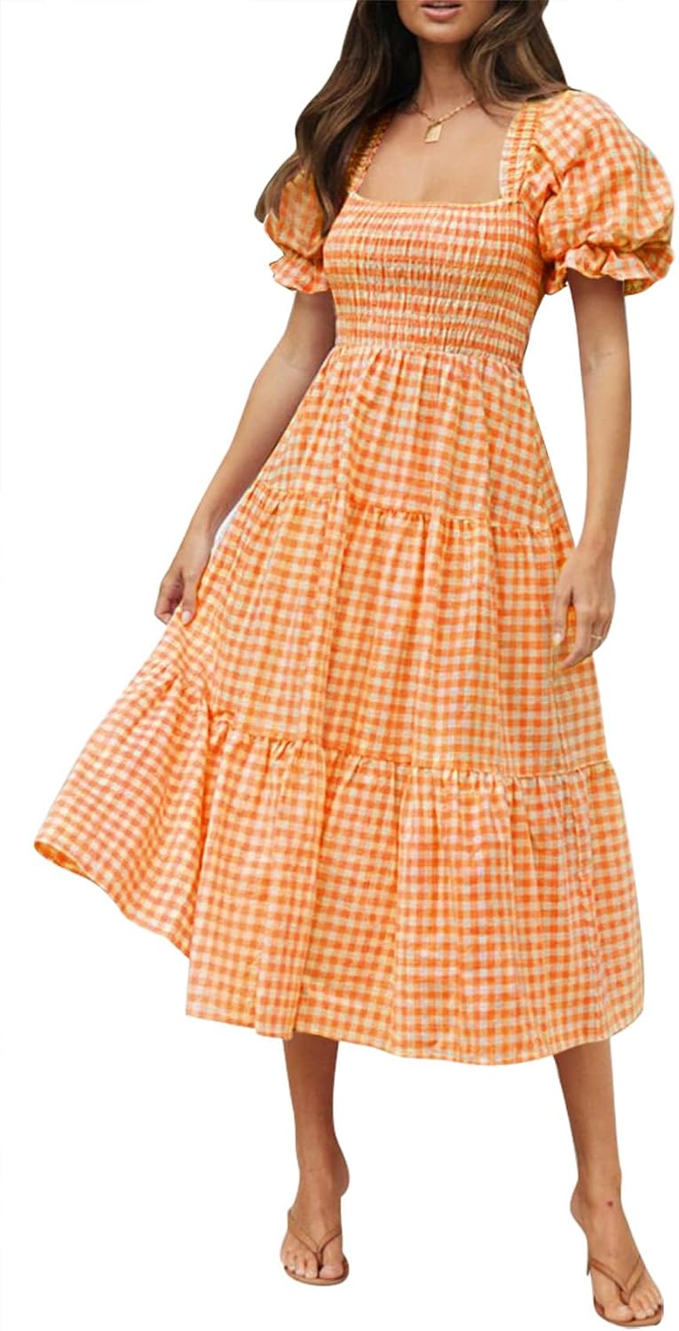 ZESICA Women's Summer Boho Gingham Puff Sleeve Square Neck Beach Midi Dress | 2026 Casual Bohemian Flowy, Swing A Line, Vintage, Baby Shower Cottagecore Maternity Plaid Tea Party Dresses