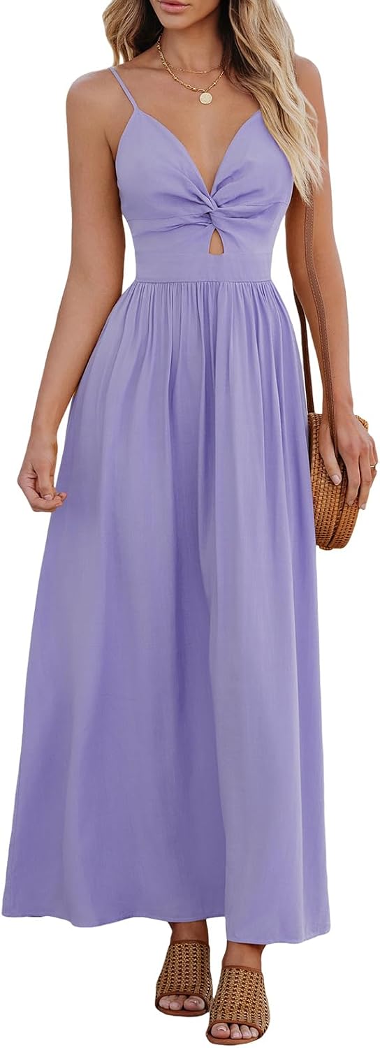 CUPSHE Women's V Neck Twisted Pleated Cutout Backless Formal Maxi Dress | Sleeveless, Self Tie Back, Adjustable Spaghetti Straps, Open Back, Casual Flowy Long Skirt, Summer Beach Resort Sundress