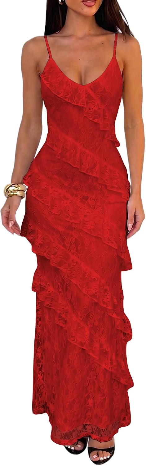HOCILLE Women's Sexy V Neck Floral Wedding Guest Cocktail Maxi Dress | Sundress Lace Bodycon Spaghetti Strap Elegant Ruffle Party Long Dresses