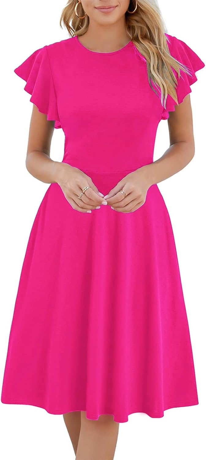 MSLG Women's Fit and Flare Ruffle Short Sleeves Dresses Work V-Back Cocktail Semi Formal A Line Dress with Pockets 842