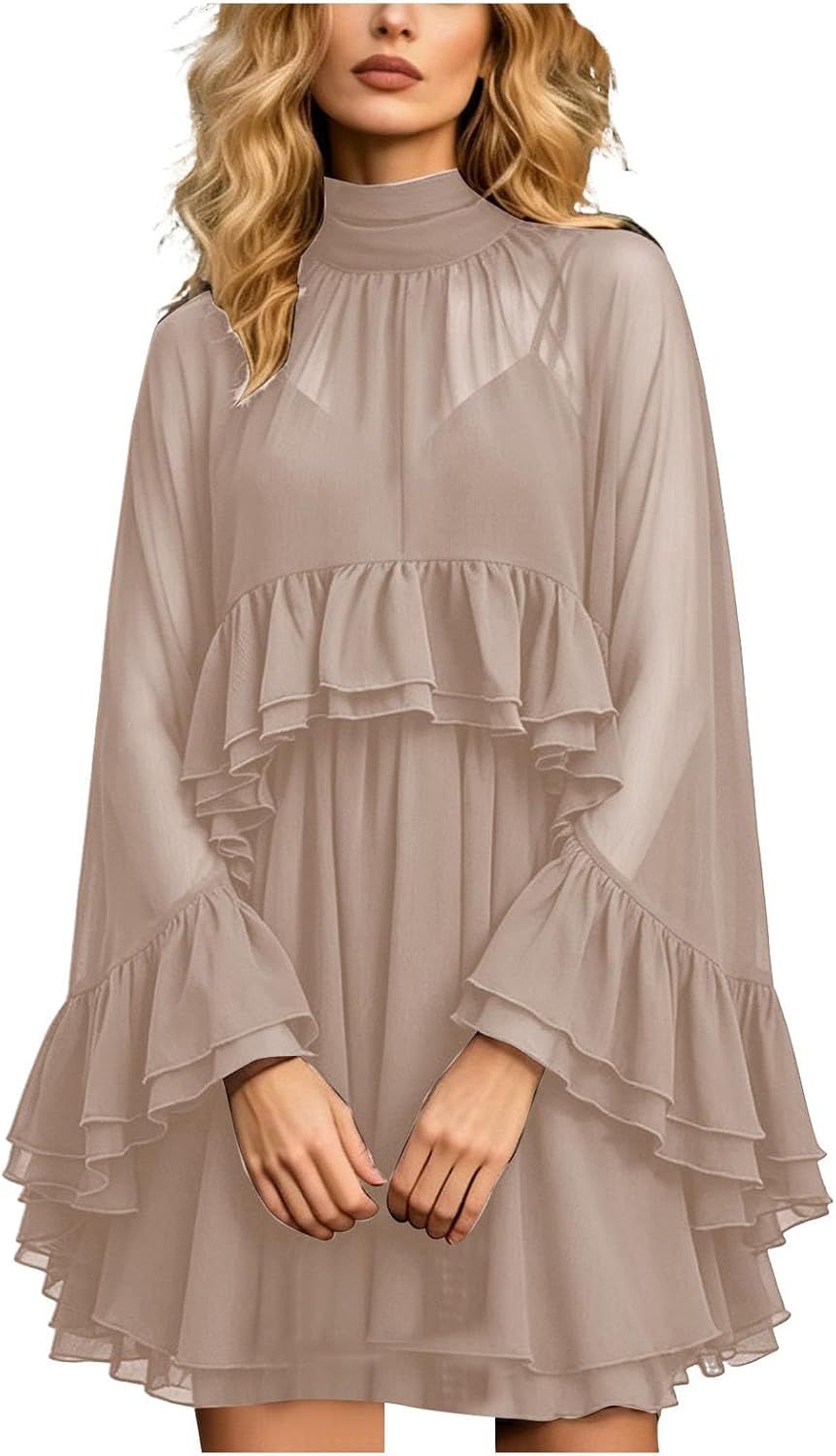 Chiffon Cape Dress for Women Sheer Ruffle Cape Sleeve Chiffon Wrap Cami Dress with Shawl Draped Dresses with Sheer Overlay