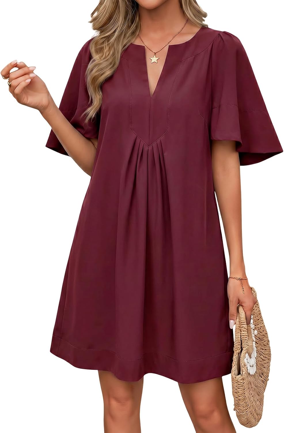 Wenrine Womens Shift Mini Dress Casual Short Sleeve Summer Dresses | Flutter Sleeve, V Neck, Loose Fit, Flowy, Short Beach dresses, Vacation